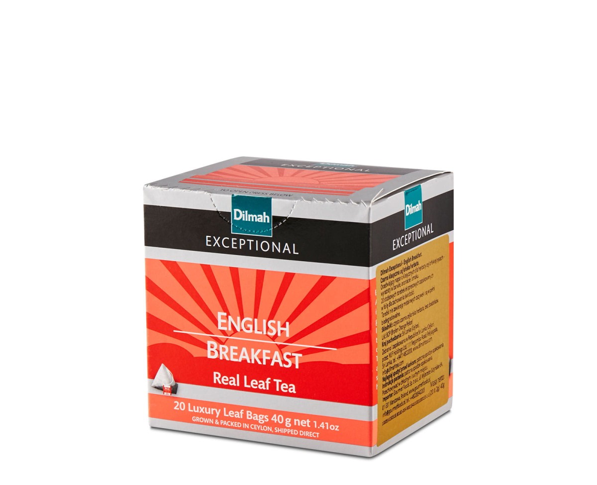 Herbata Czarna  W porcjach  Dilmah English Breakfast [20x2g] - Klasyczna czarna herbata cejlońska.    20 stożkowych torebek ekspresowych 2g z zawieszką 1
