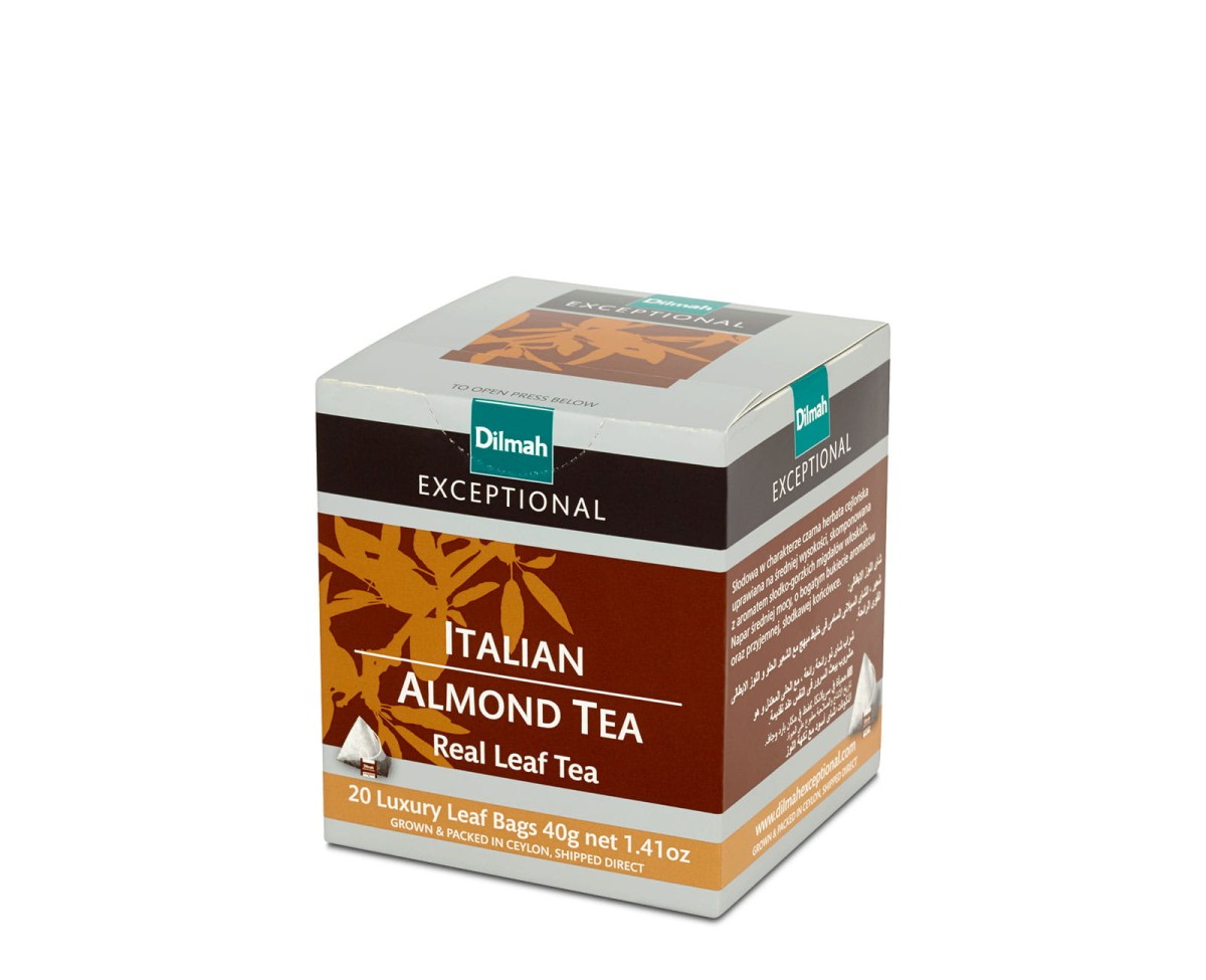 Herbata Czarna Aromatyzowana  W porcjach  Dilmah Italian Almond Tea [20x2g] - Cejlońska czarna herbata z aromatem włoskich migdałów.    20 stożkowych biodegradowalnych torebek ekspresowych 2g z zawieszką 1