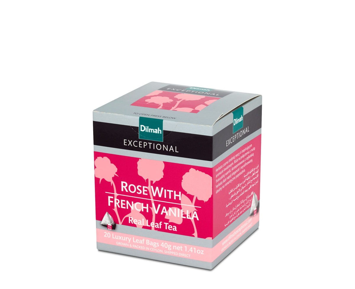 Herbata Czarna Aromatyzowana  W porcjach  Dilmah Rose with French Vanilla [20x2g] - Cejlońska czarna herbata z aromatem róży i francuskiej wanilii.    20 stożkowych torebek ekspresowych 2g z zawieszką 1