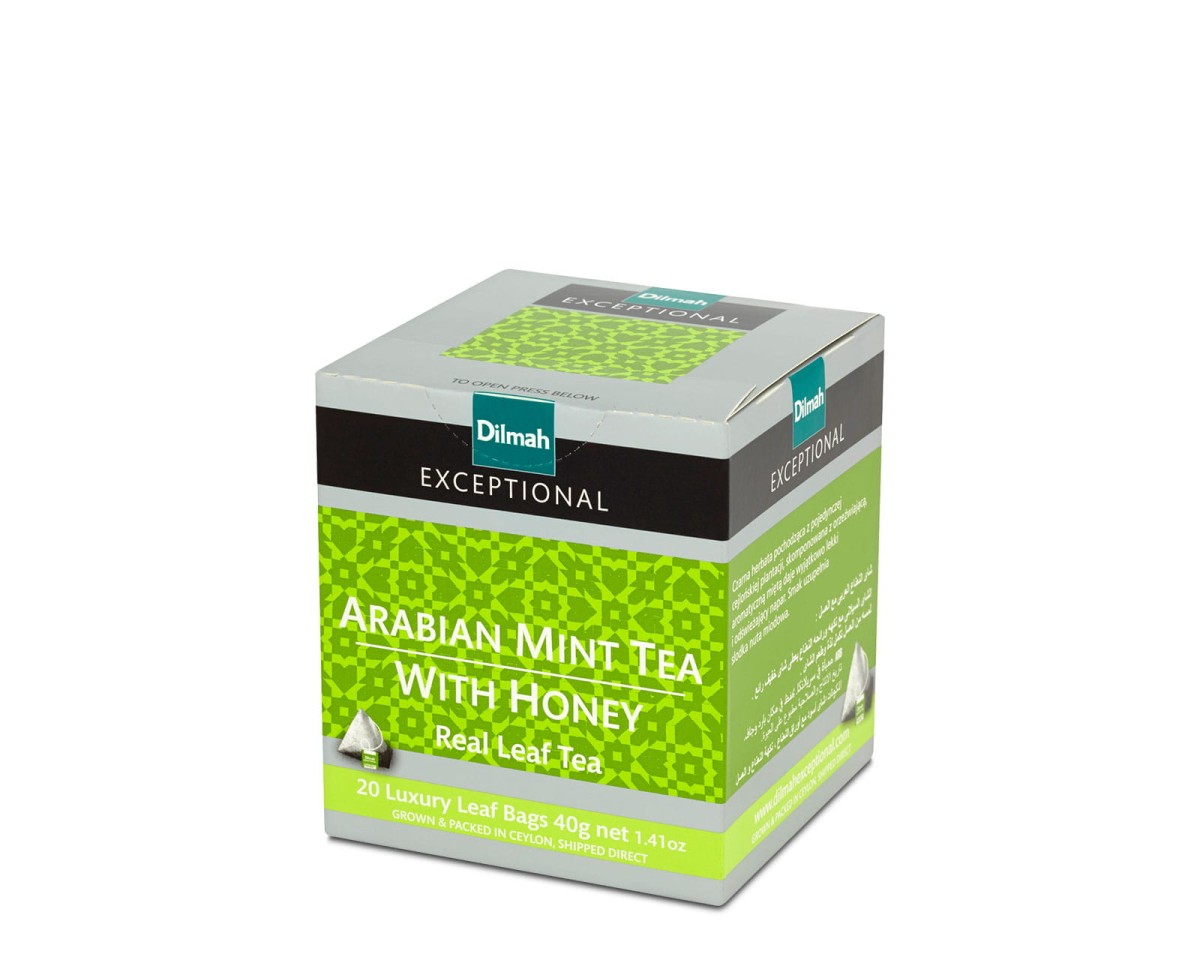 Herbata Czarna z dodatkami  W porcjach  Dilmah Arabian Mint Tea with Honey [20x2g] - Cejlońska czarna herbata z dodatkiem mięty i aromatów.    20 stożkowych torebek ekspresowych 2g z zawieszką 1