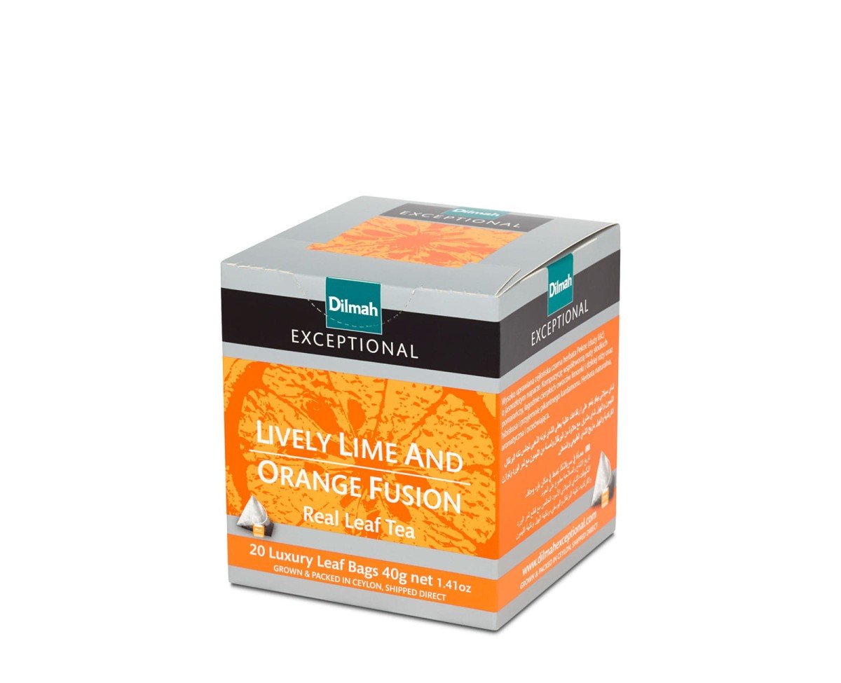 Herbata Czarna z dodatkami  W porcjach  Dilmah Lively Lime and Orange Fusion [20x2g] - Cejlońska czarna herbata z dodatkiem owoców i aromatów.    20 stożkowych biodegradowalnych torebek ekspresowych 2g z zawieszką 1