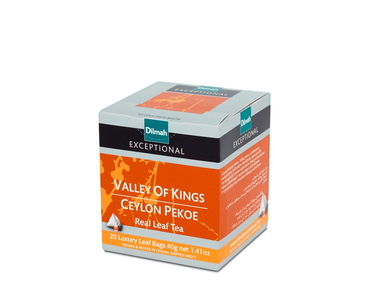 Herbata Czarna  W porcjach  Dilmah Valley of Kings Ceylon Pekoe [20x2g] - Klasyczna czarna herbata cejlońska.    20 stożkowych torebek ekspresowych 2g z zawieszką 1