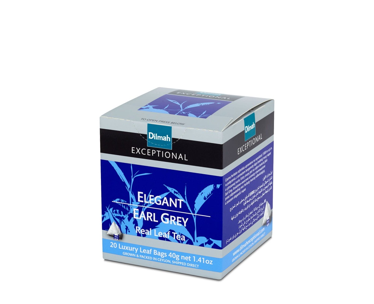Herbata Czarna Aromatyzowana  W porcjach  Dilmah Elegant Earl Grey [20x2g] - Cejlońska czarna herbata z aromatem bergamotki.    20 stożkowych torebek ekspresowych 2g z zawieszką 1