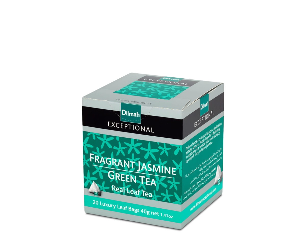 Herbata Zielona z dodatkami  W porcjach  Dilmah Fragrant Jasmine Green Tea [20x2g] - Zielona herbata z dodatkiem kwiatów jaśminu.    20 stożkowych biodegradowalnych torebek ekspresowych 2g z zawieszką 1