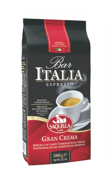 Włoska kawa ziarnista - Saquella Gran Crema Bar Italia [1000g] - Mieszanka naturalnej kawy palonej.    1000g kawy ziarnistej w hermetycznym opakowaniu z zaworkiem - 1