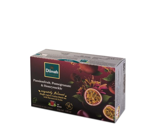 Herbaty czarne aromatyzowane Dilmah Passionfruit, Pomegranate & Honeysuckle [20x1,5g] Cejlońska czarna herbata z aromatem granatu, marakui i wiciokrzewu 1
