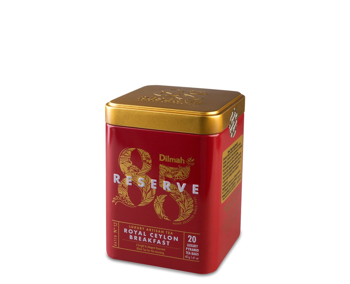 Herbata czarna aromatyzowana ekspresowa w puszce - Dilmah 85 Reserve Royal Ceylon Breakfast [20x2g] - Klasyczna czarna herbata cejlońska - 20 stożkowych torebek ekspresowych 2g z zawieszką w puszce 1