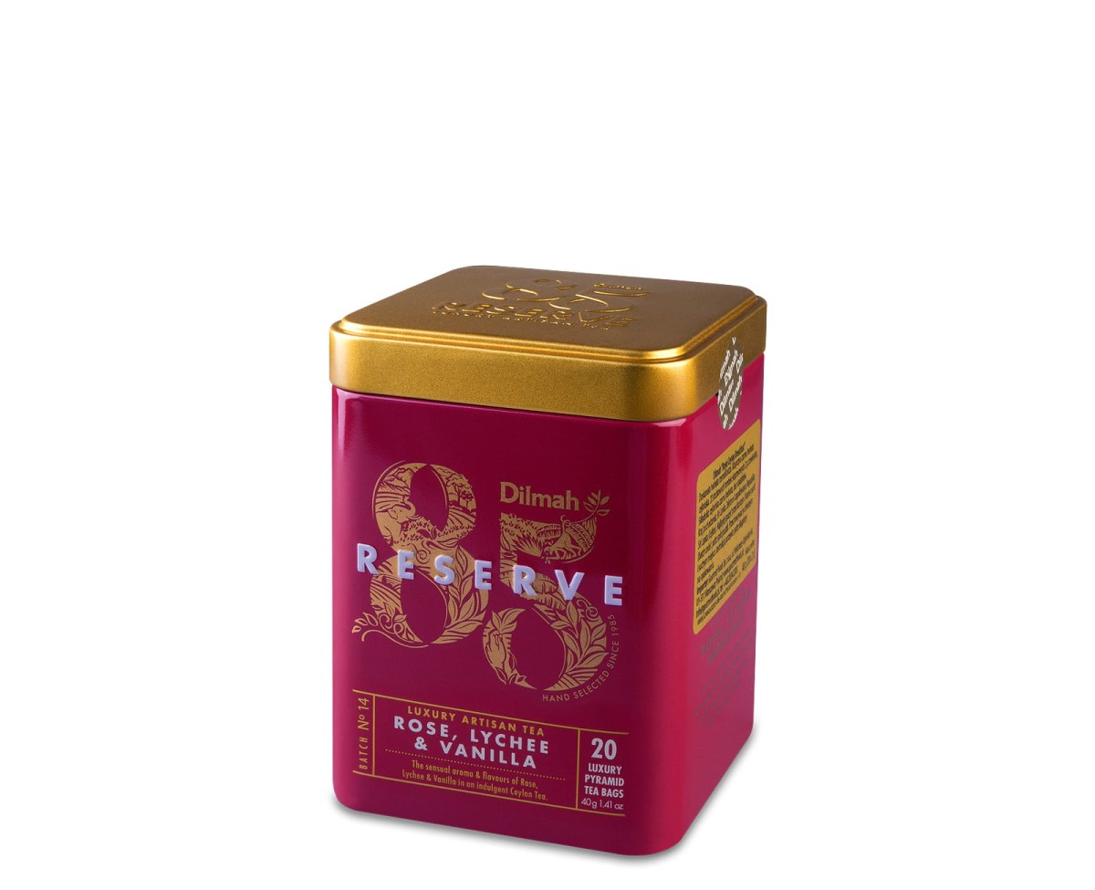 Herbata czarna aromatyzowana ekspresowa w puszce - Dilmah 85 Reserve Rose, Lychee &amp; Vanilla [20x2g] - Cejlońska czarna herbata z aromatem róży, liczi i wanilii - 20 stożkowych torebek ekspresowych 2g z zawieszką w puszce 1