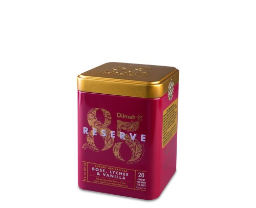 Herbata czarna aromatyzowana ekspresowa w puszce - Dilmah 85 Reserve Rose, Lychee & Vanilla [20x2g] - Cejlońska czarna herbata z aromatem róży, liczi i wanilii - 20 stożkowych biodegradowalnych torebek ekspresowych 2g z zawieszką w puszce 1