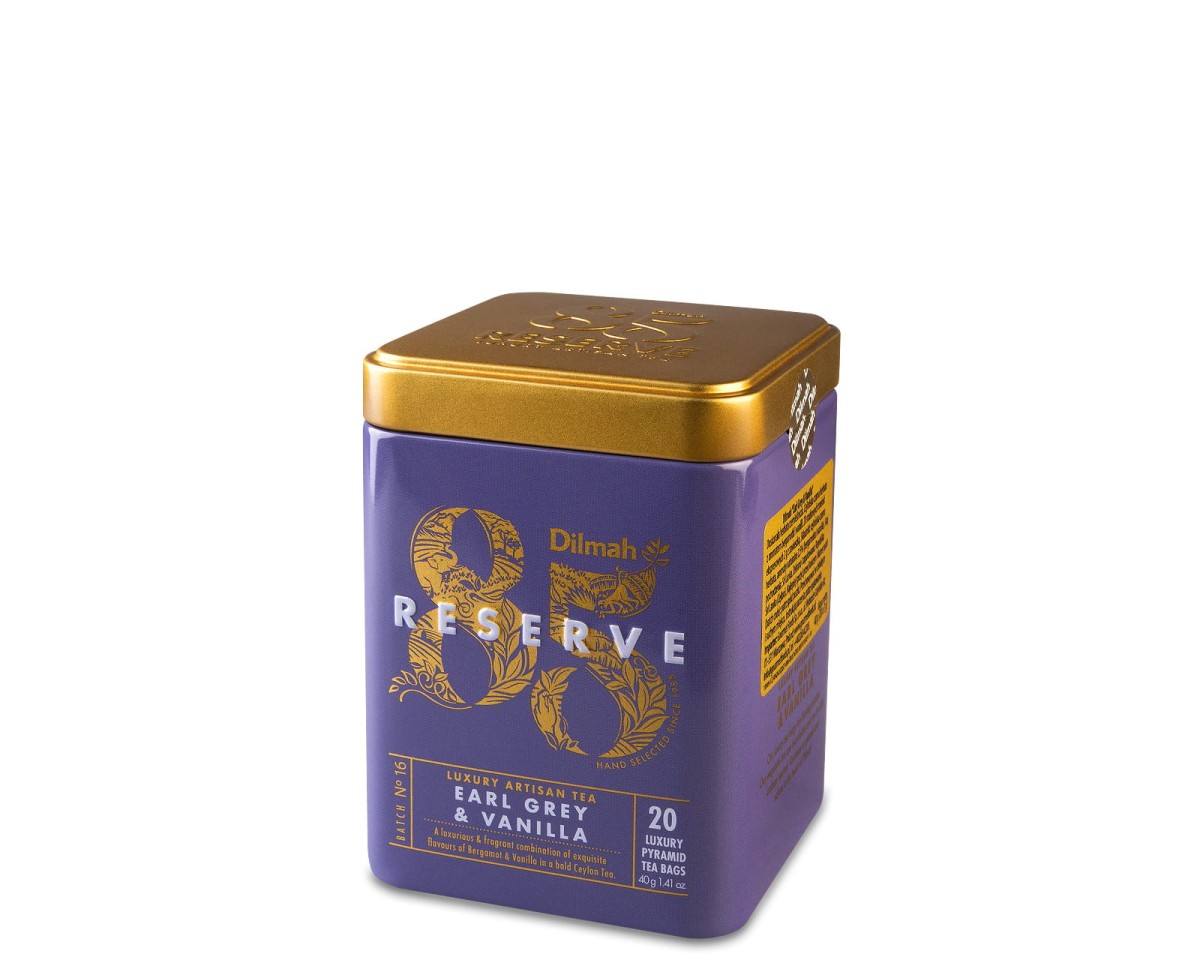 Herbata czarna aromatyzowana ekspresowa w puszce - Dilmah 85 Reserve Earl Grey &amp; Vanilla [20x2g] - Cejlońska czarna herbata z aromatem bergamotki i wanilii - 20 stożkowych torebek ekspresowych 2g z zawieszką w puszce 1