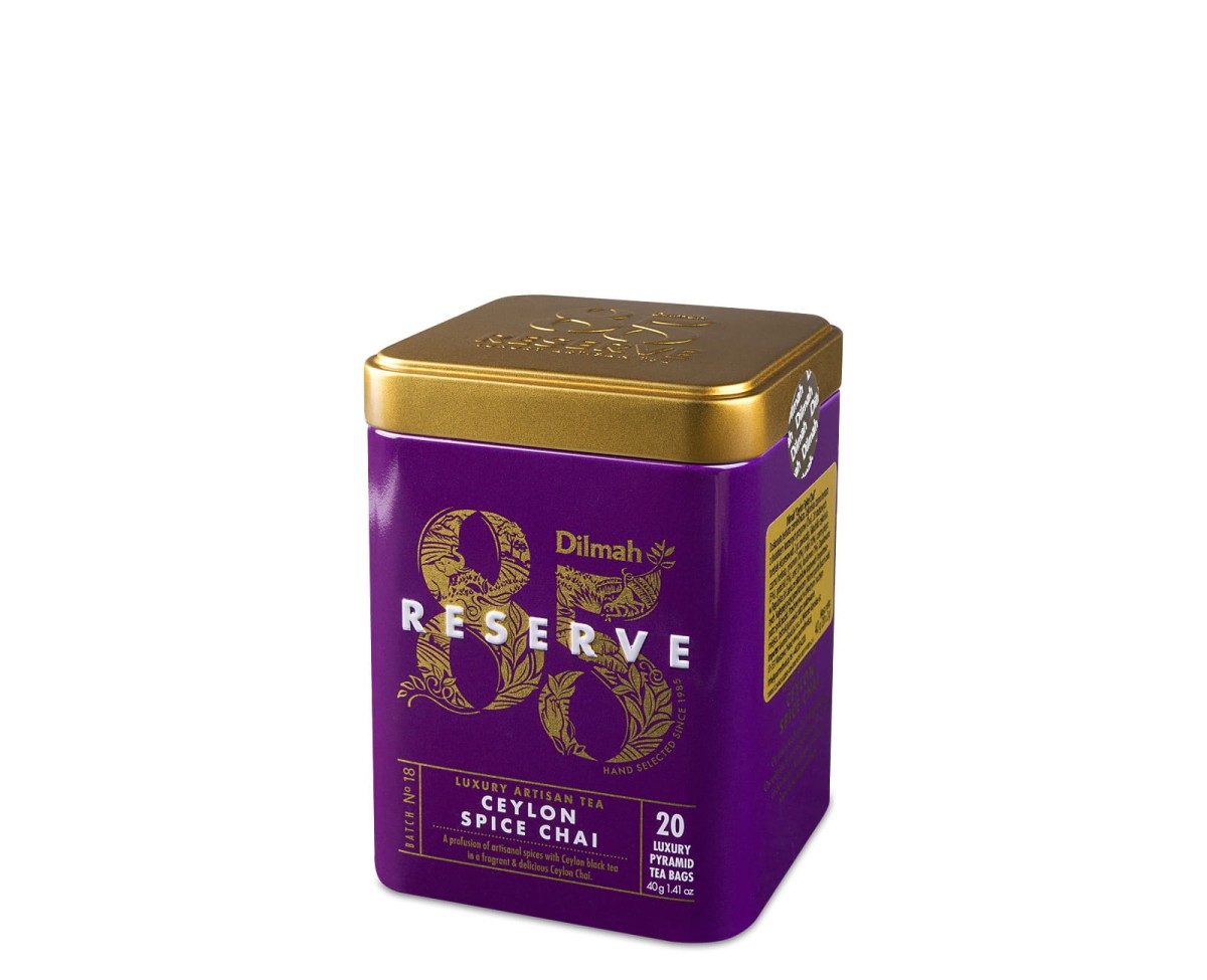 Herbata czarna aromatyzowana ekspresowa w puszce - Dilmah 85 Reserve Ceylon Spice Chai [20x2g] - Cejlońska czarna herbata z dodatkiem korzennych przypraw (Chai) - 20 stożkowych biodegradowalnych torebek ekspresowych 2g z zawieszką w puszce 1