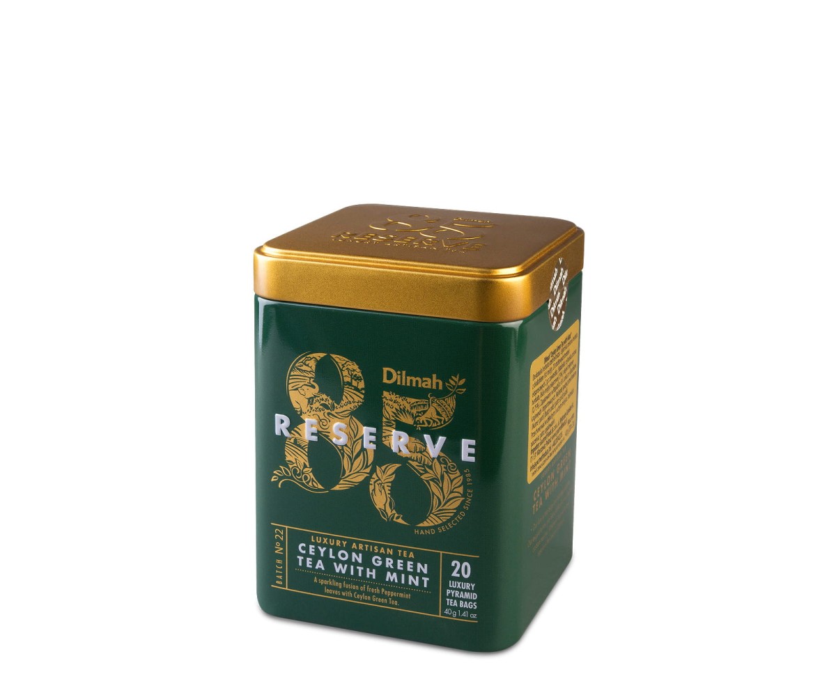 Herbata zielona z dodatkami ekspresowa w puszce - Dilmah 85 Reserve Ceylon Green Tea With Mint [20x2g]  - Cejlońska zielona herbata z dodatkiem liści mięty i olejku miętowego - 20 stożkowych torebek ekspresowych 2g z zawieszką w puszce 1
