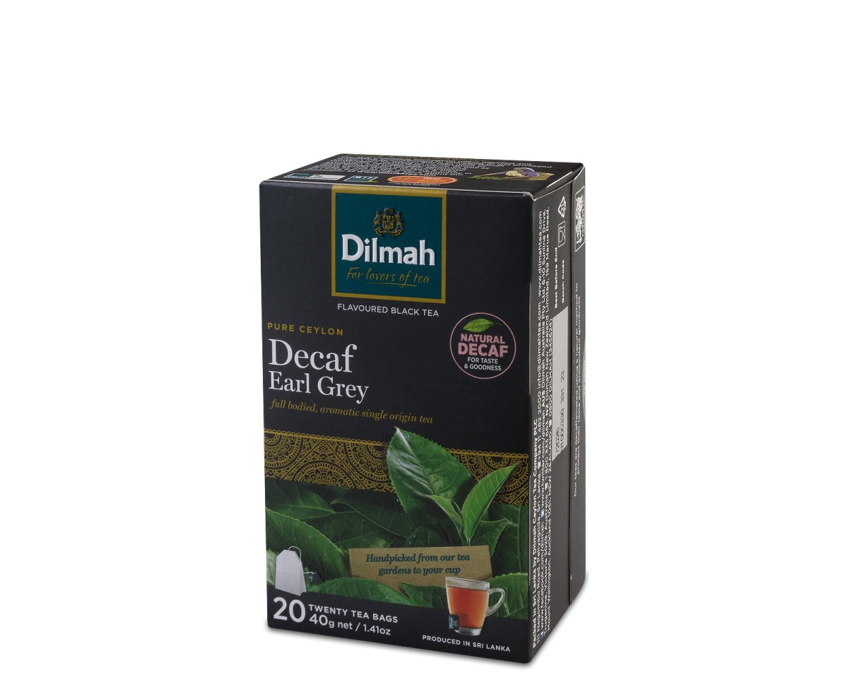 Herbata czarna aromatyzowana ekspresowa bezkofeinowa - Dilmah Decaf Earl Grey [20x2g] - Cejlońska czarna herbata z aromatem bergamotki, bezkofeinowa - 20 torebek ekspresowych 2g z zawieszką 1