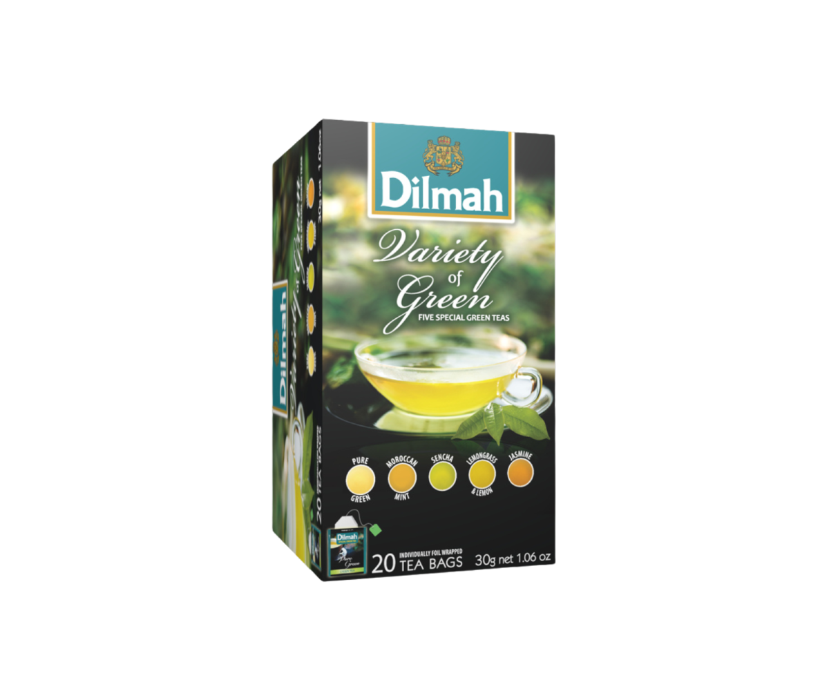 Herbata zielona - zestawy herbat - Dilmah Variety of Green [20x1,5g] - Zestaw herbat zielonych i zielonych z dodatkami (po 4 koperty z 5 rodzajów) - 20 torebek ekspresowych 1,5g z zawieszką w kopercie - 1