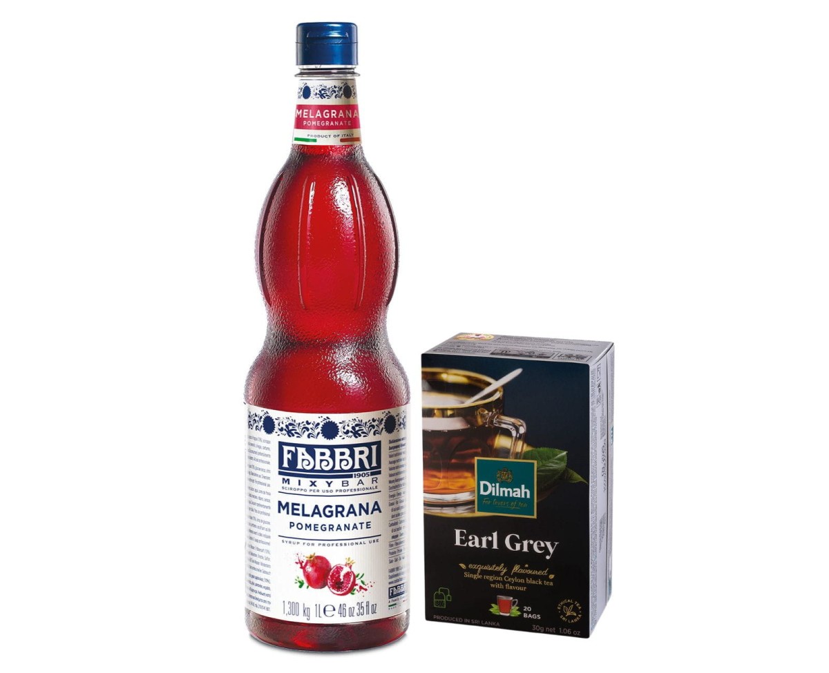 Zestaw produktów na Spritz na bazie herbaty Dilmah Earl Grey z syropem Fabbri Pomegranate