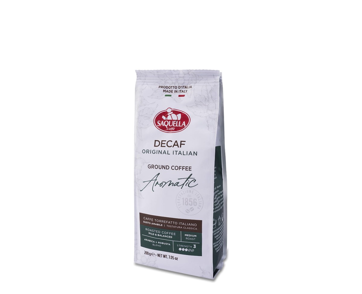 Kawa mielona - Saquella Decaf Aromatic Original Italian [200g​] - Mieszanka naturalnej kawy palonej i mielonej - 200g kawy mielonej w hermetycznym opakowaniu z zaworkiem - 1