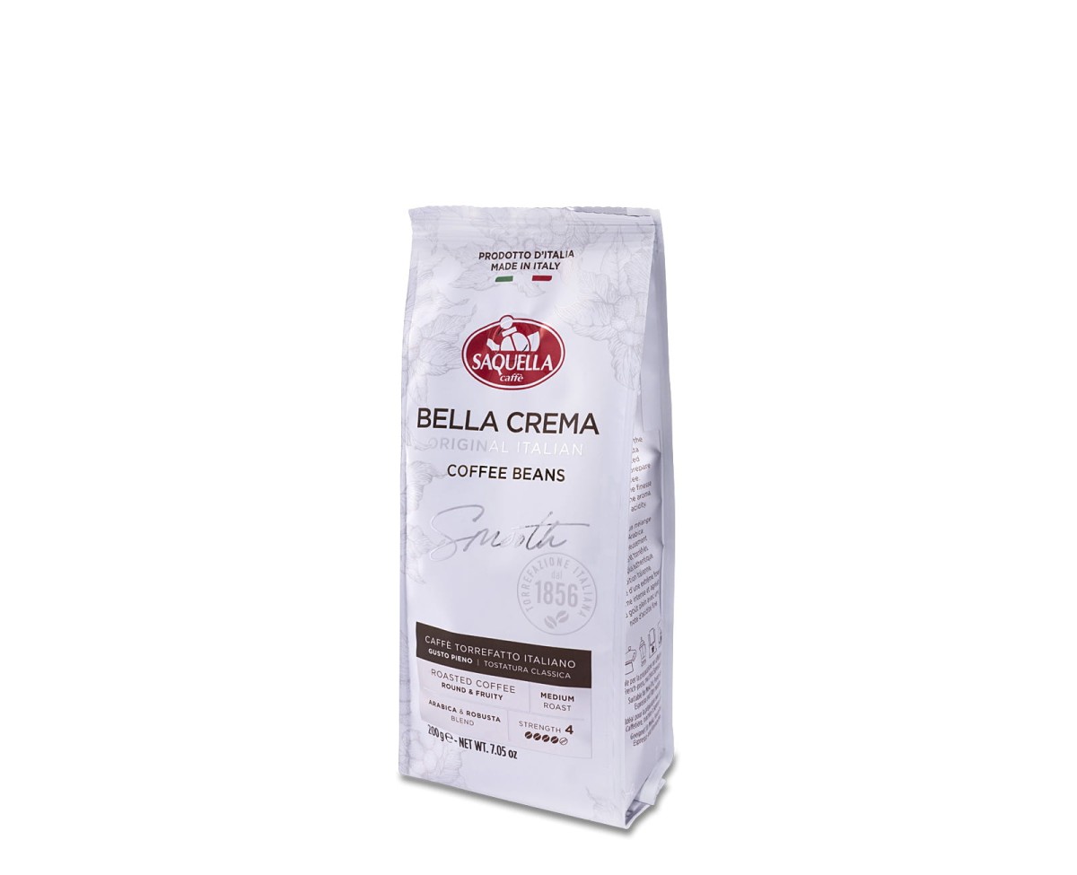 Saquella Bella Crema Smooth Original Italian [200g] - Mieszanka naturalnej kawy ziarnistej.    200g kawy ziarnistej w hermetycznym opakowaniu z zaworkiem 1
