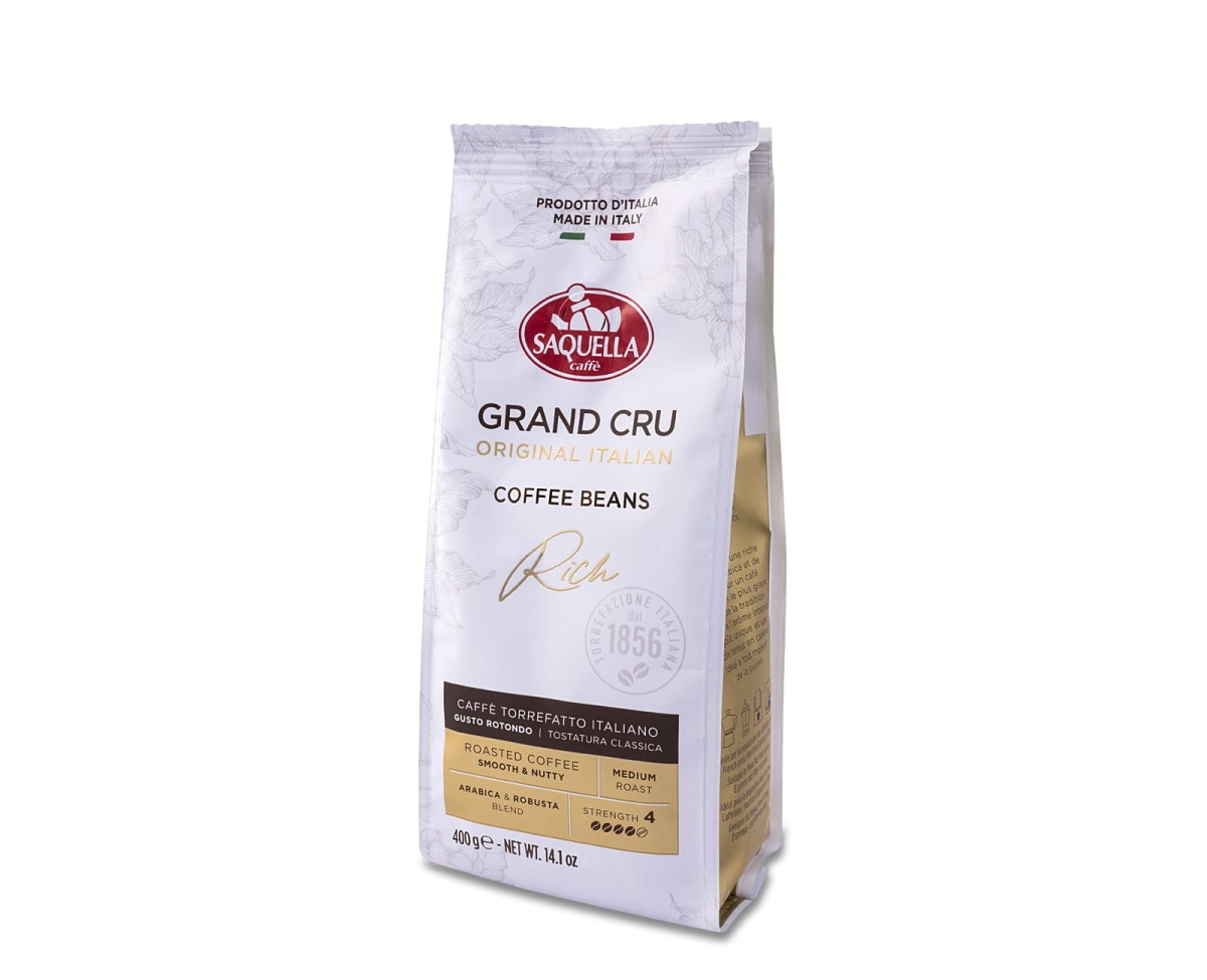 Saquella Grand Cru Rich Original Italian [400g] - Mieszanka naturalnej kawy ziarnistej. 400g kawy ziarnistej w hermetycznym opakowaniu z zaworkiem
