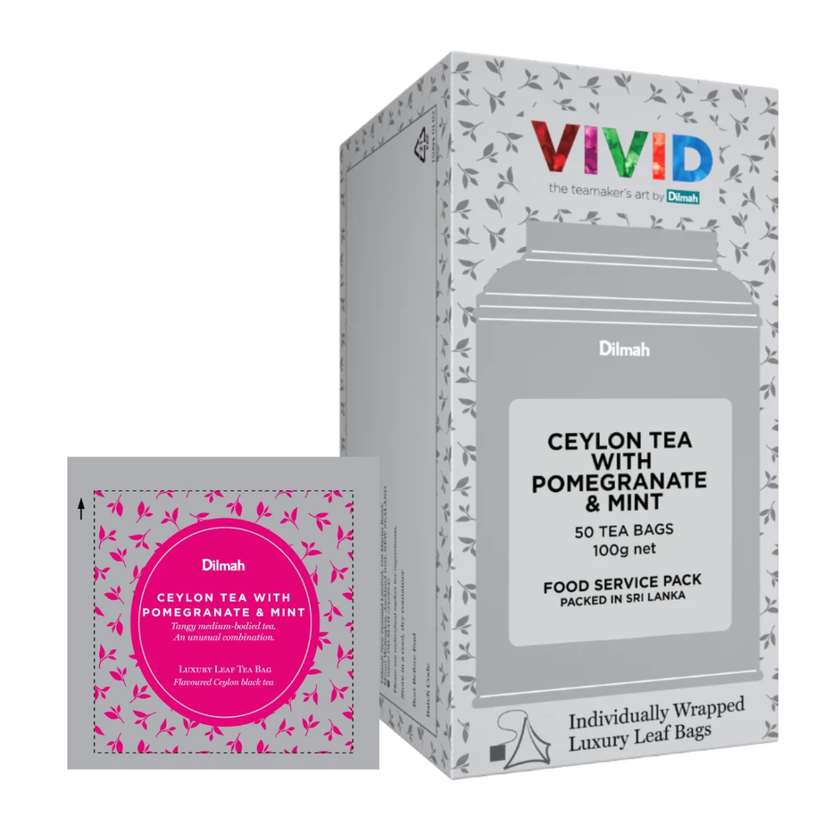 Herbata Czarna Aromatyzowana  W porcjach  Dilmah Ceylon Tea with Pomegranate &amp;amp;amp;amp; Mint [50x2g] - Cejlońska czarna herbata z aromatem granatu i mięty - 50 stożkowych torebek ekspresowych 2g z zawieszką w kopercie - 2