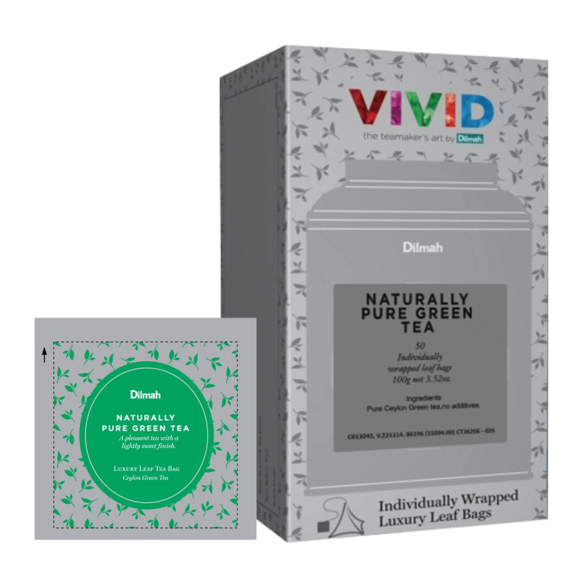 Herbata Zielona  W porcjach  Dilmah Naturally Pure Green Tea [50x2g] - Zielona herbata cejlońska - 50 stożkowych torebek ekspresowych 2g z zawieszką w kopercie 3