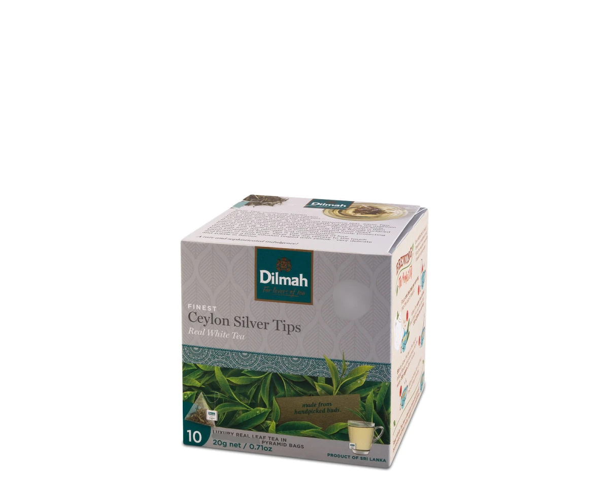 Herbata biała - Dilmah Real White Tea Ceylon Silver Tips [10x2g] - Prawdziwa biała cejlońska herbata.    10 stożkowych torebek ekspresowych 2g z zawieszką 1