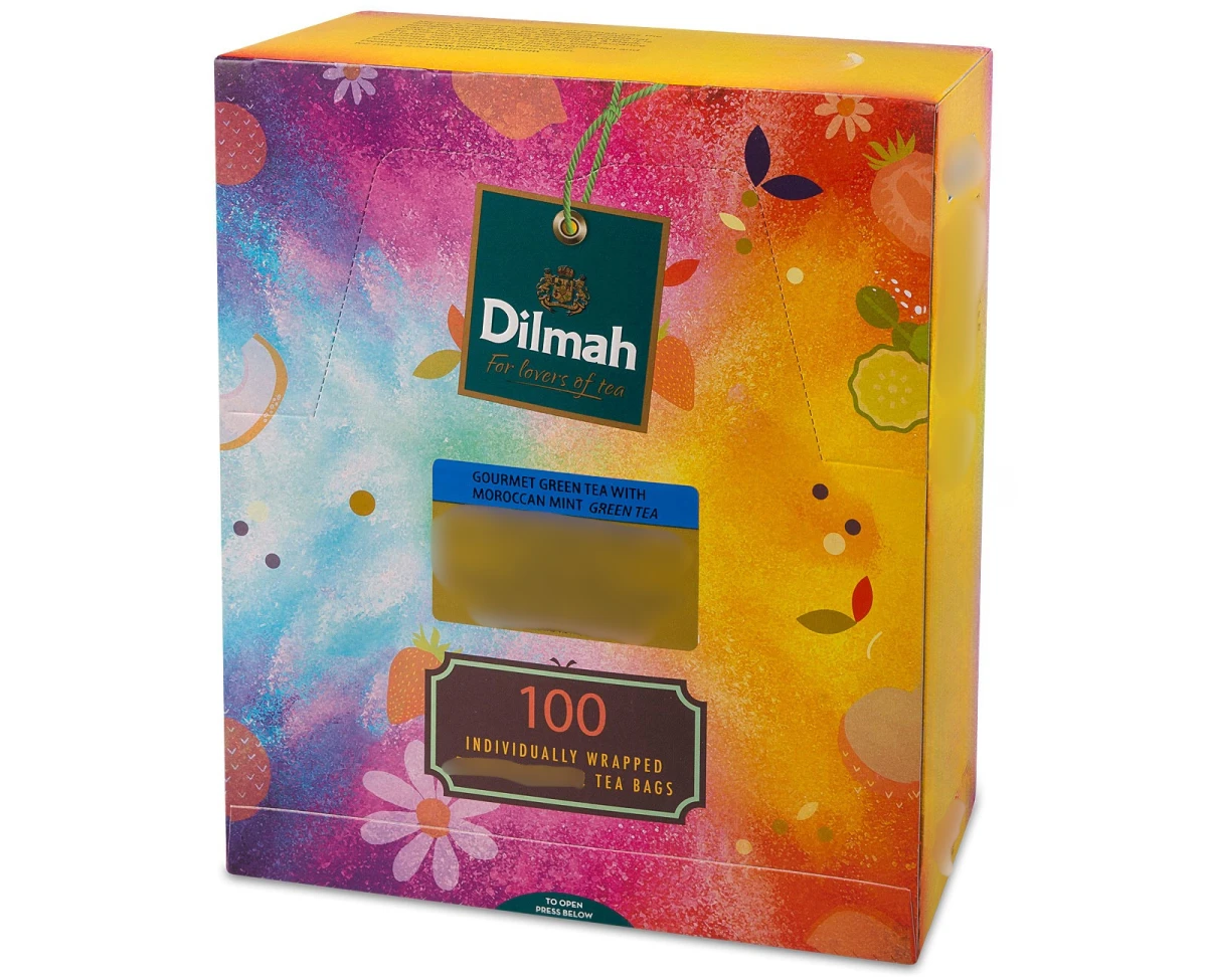 Herbata ziołowa - Dilmah YUM Green Tea With Moroccan Mint  [100x1,5g] - Zielona herbata z liśćmi mięty - 100 torebek ekspresowych 1,5g z zawieszką w papierowej kopercie - 1