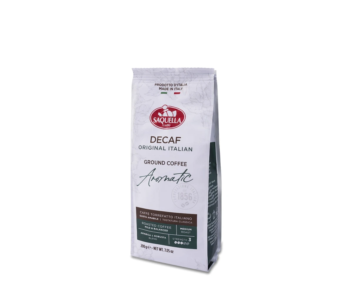 Kawa mielona - Saquella Decaf Aromatic Original Italian [200g​] - Mieszanka naturalnej kawy palonej i mielonej - 200g kawy mielonej w hermetycznym opakowaniu z zaworkiem - 1