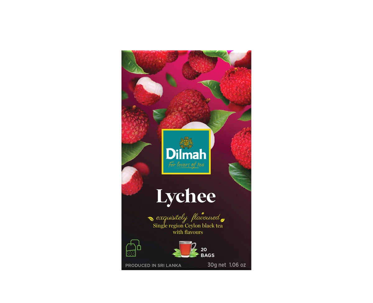 Herbaty czarne aromatyzowane Dilmah lychee [20x1,5g] Cejlońska czarna herbata z aromatem liczi 20 torebek ekspresowych 1,5g z zawieszką 1