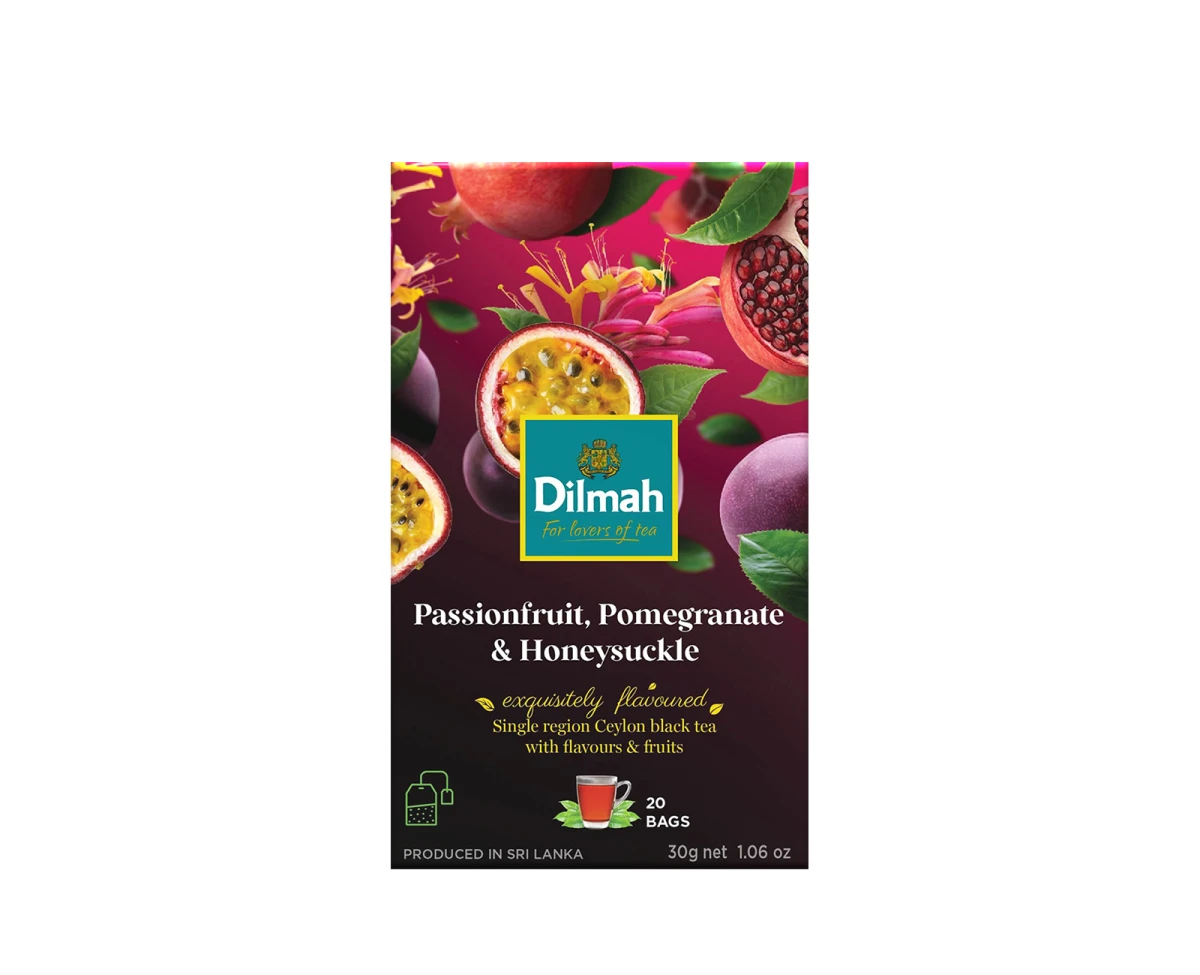 Herbaty czarne aromatyzowane Dilmah Passionfruit, Pomegranate &amp; Honeysuckle [20x1,5g] Cejlońska czarna herbata z aromatem granatu, marakui i wiciokrzewu 5