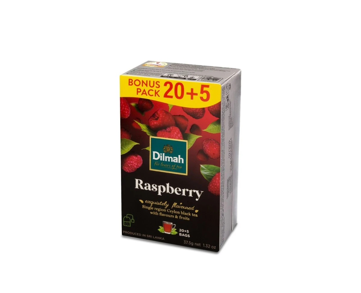 Cejlońska czarna herbata z aromatem maliny. 25 torebek ekspresowych 1,5g z zawieszką. Herbaty i napary > Herbata Czarna Aromatyzowana > W porcjach 1
