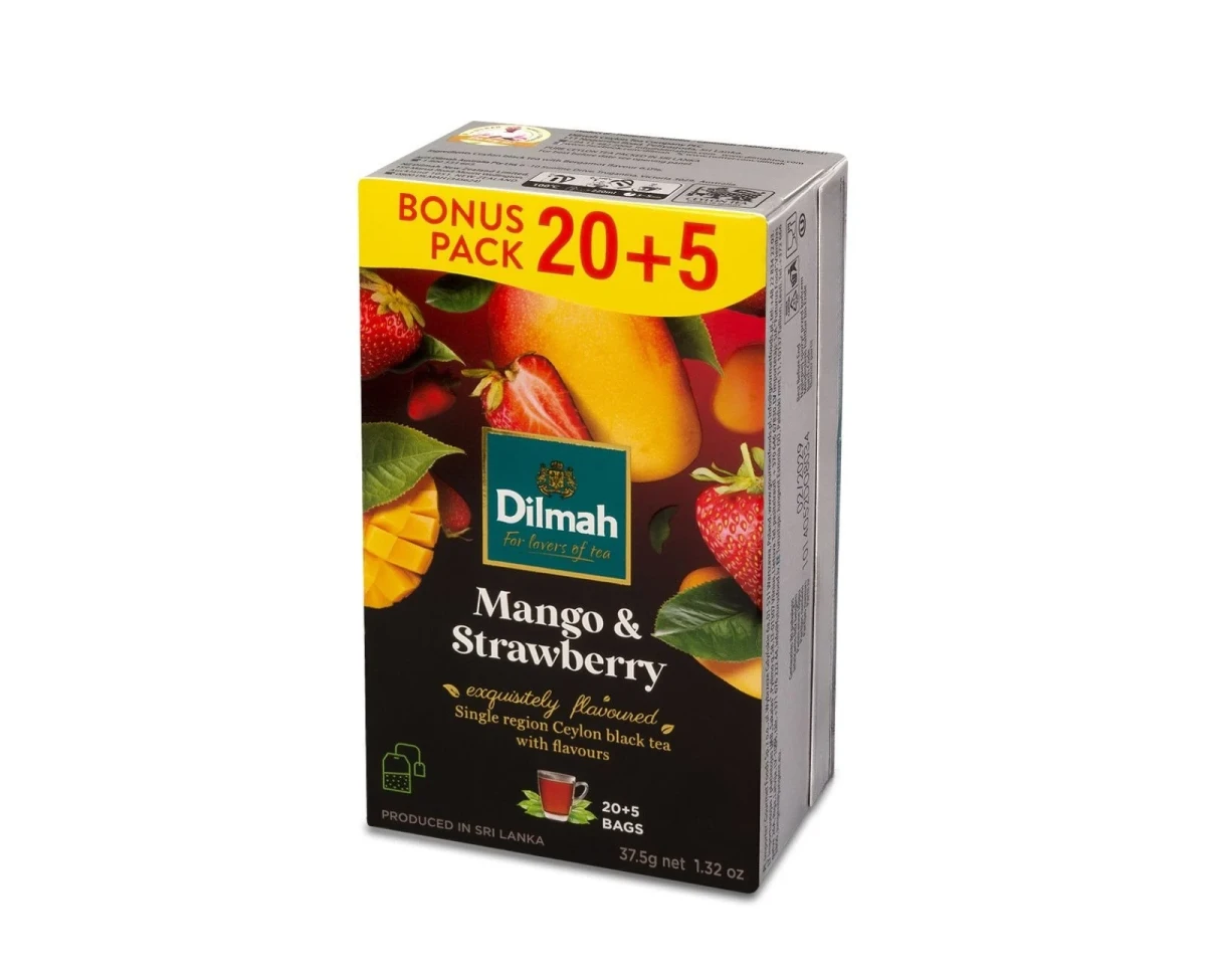 Cejlońska czarna herbata z aromatem mango i truskawki. 25 torebek ekspresowych 1,5g z zawieszką. Herbaty i napary > Herbata Czarna Aromatyzowana > W porcjach 1