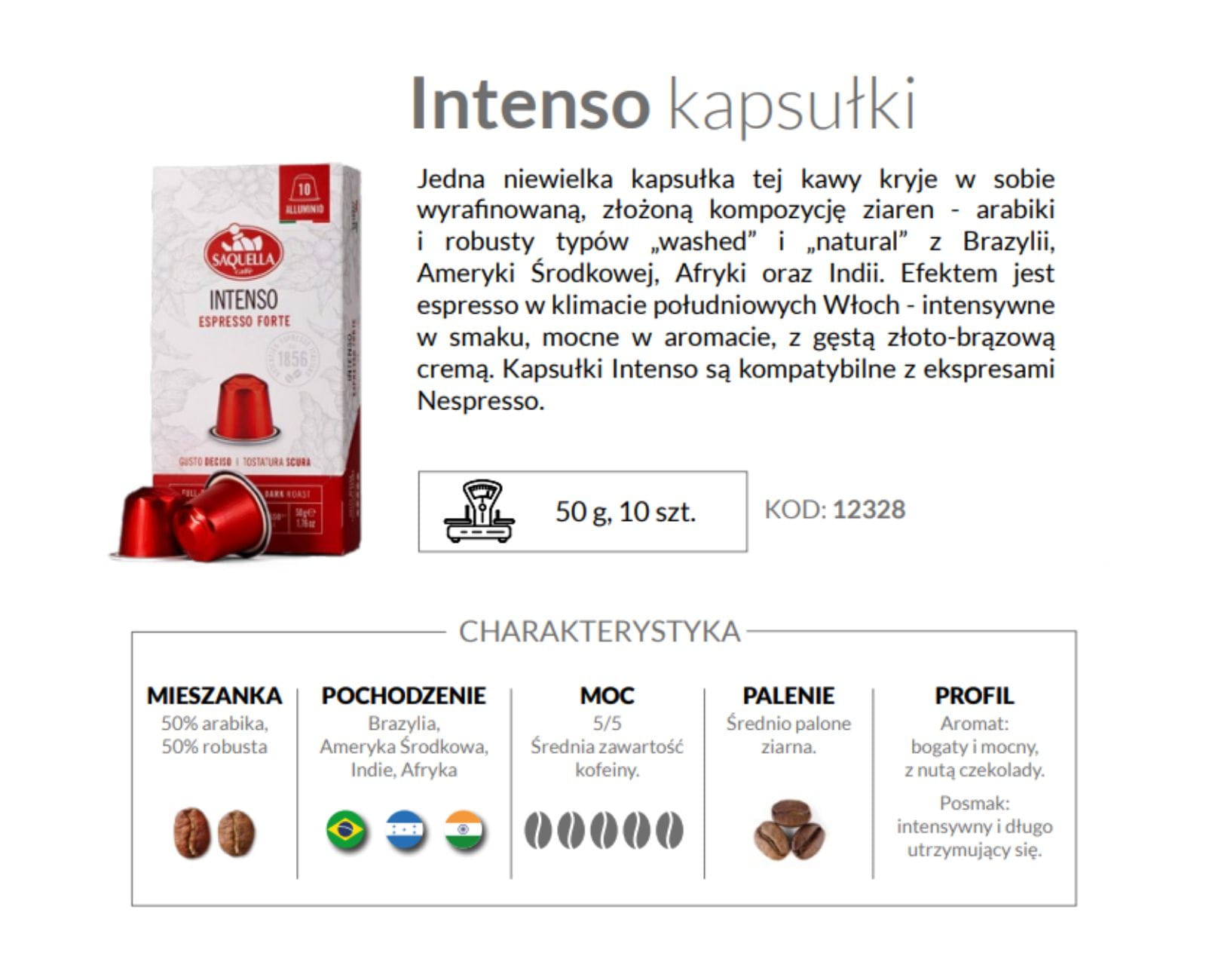 Opakowanie 10 kapsułek Saquella Intenso Espresso Forte wraz z opisem cech charakterystycznych. 