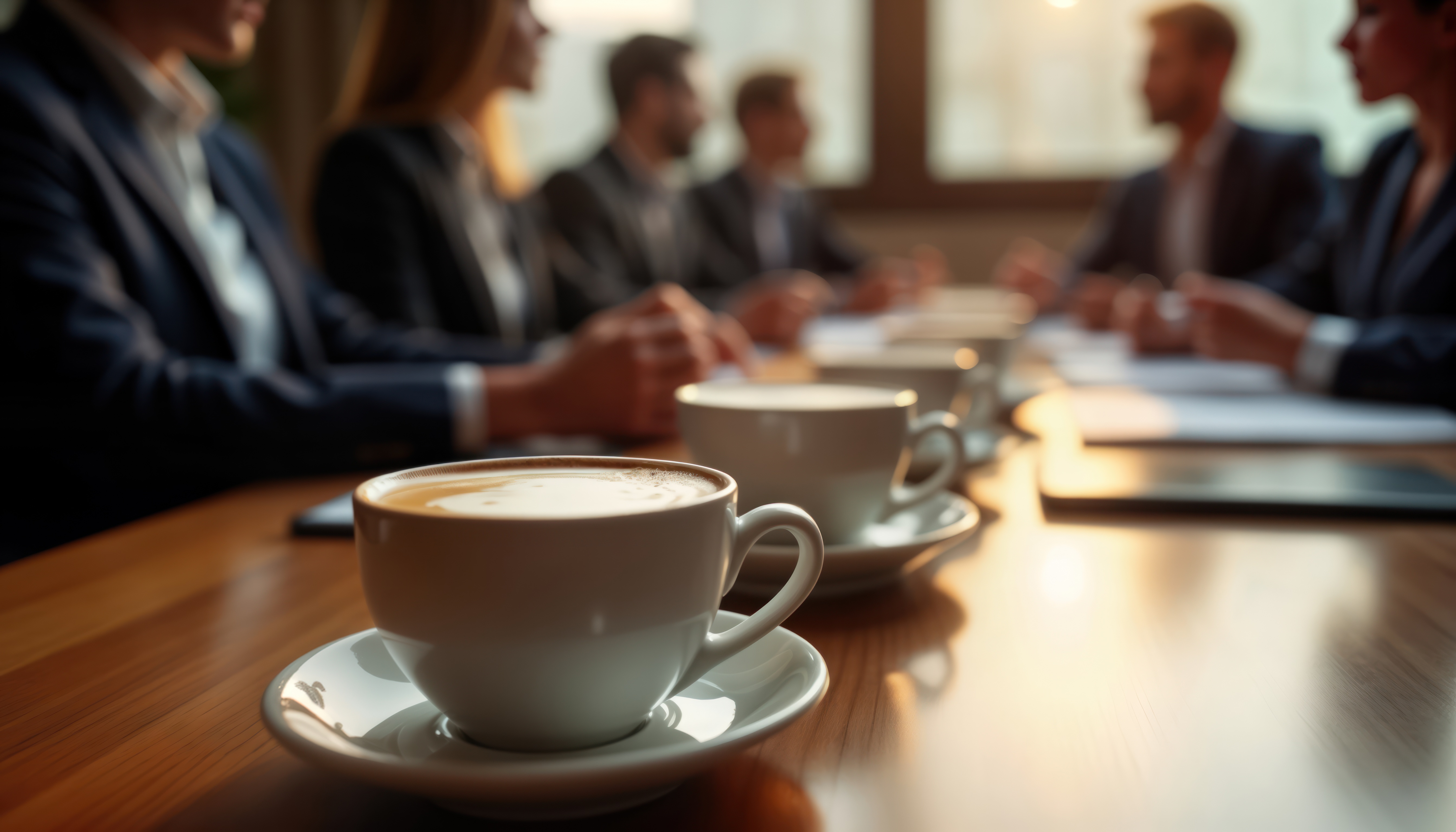 Filiżanki espresso Saquella stojące na stole, w tle widoczni uczestnicy konferencji podczas spotkania.