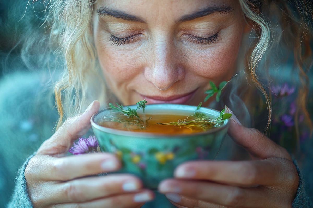Kobieta kojąca stres, upajając się aromatem ziołowego naparu.